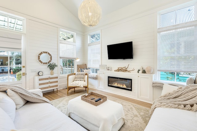 living room featuring lofted ceiling and light wood-type flooring