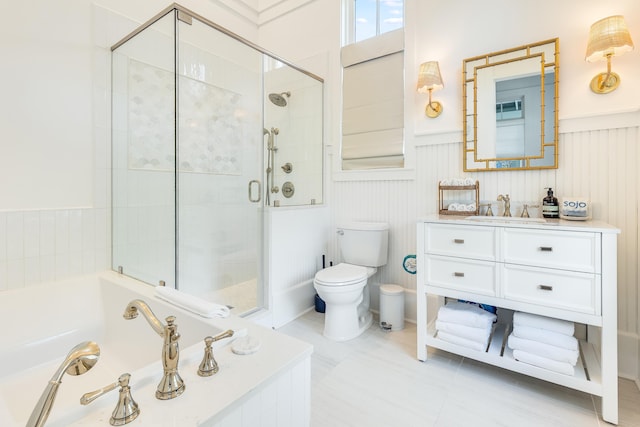 full bathroom with vanity, tile patterned floors, shower with separate bathtub, and toilet