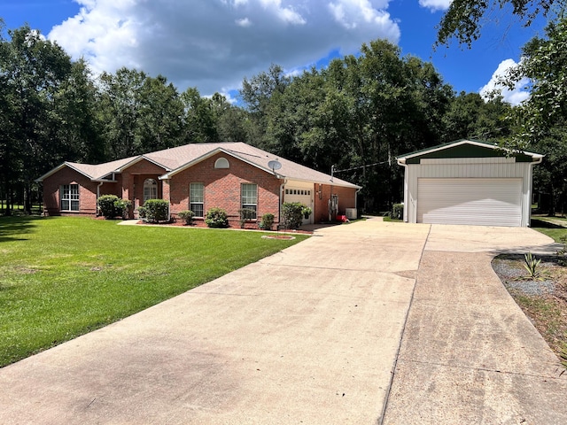 ranch-style home featuring a front lawn and a garage