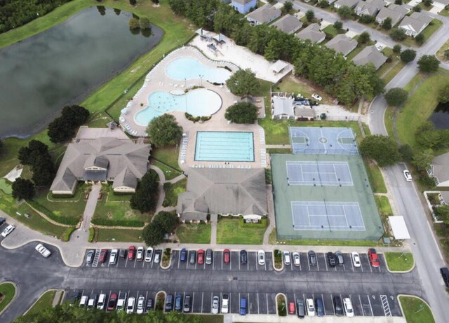 aerial view featuring a water view