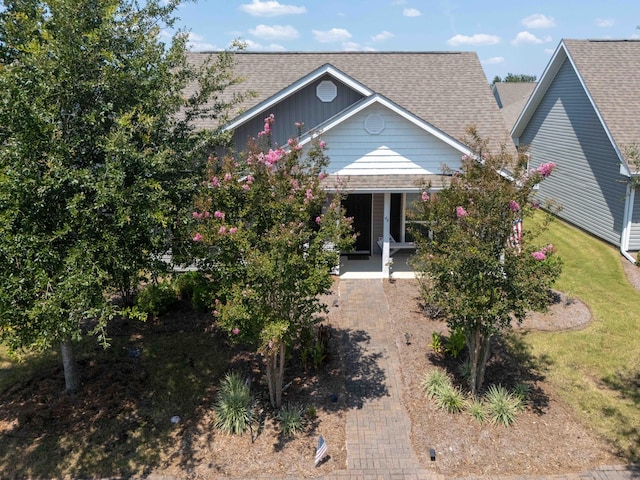 view of property hidden behind natural elements featuring a front yard, a porch, and roof with shingles