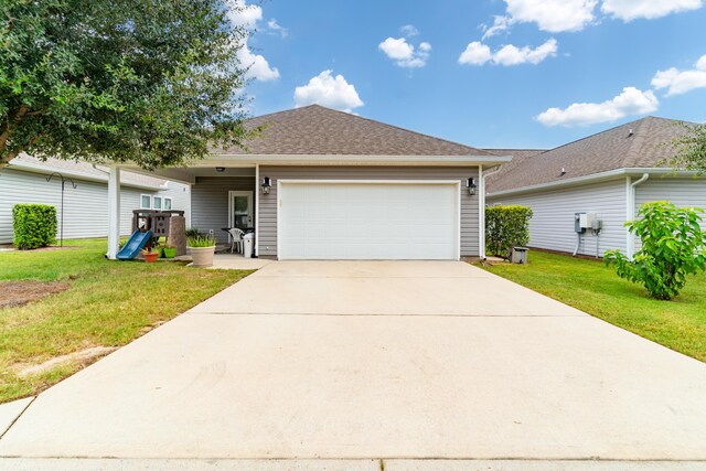 single story home featuring a front yard, a playground, and a garage