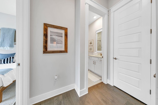 hallway featuring wood-type flooring and sink