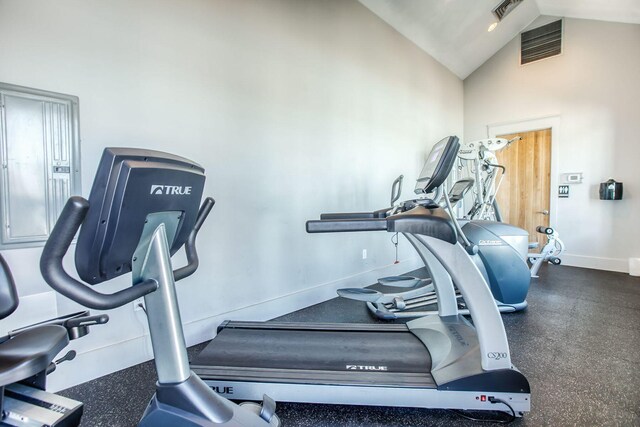 exercise room featuring electric panel and vaulted ceiling