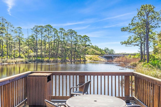 deck featuring a water view