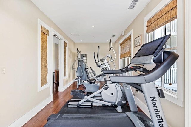 workout area featuring hardwood / wood-style floors and a healthy amount of sunlight