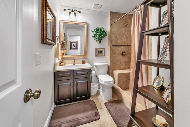 bathroom featuring vanity, crown molding, toilet, and a shower with shower curtain