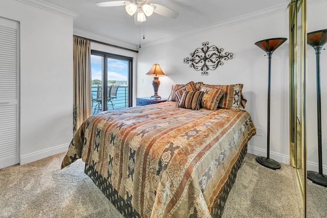 carpeted bedroom with ceiling fan, ornamental molding, and access to exterior