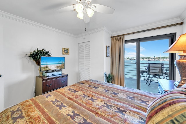 bedroom featuring ornamental molding, access to outside, and ceiling fan