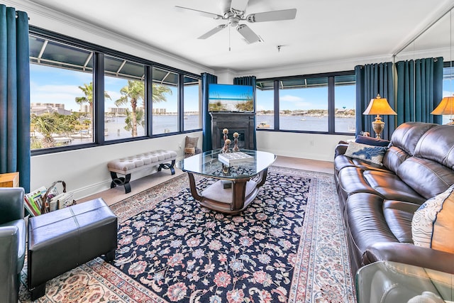 living room featuring ceiling fan