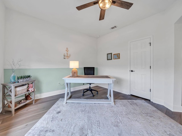 office featuring ceiling fan and hardwood / wood-style floors