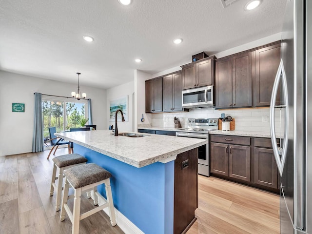 kitchen with decorative backsplash, light hardwood / wood-style flooring, a kitchen island with sink, appliances with stainless steel finishes, and sink