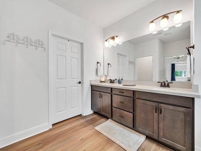 bathroom featuring hardwood / wood-style flooring and double vanity