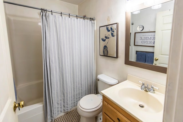 full bathroom featuring vanity, toilet, and shower / bathtub combination with curtain