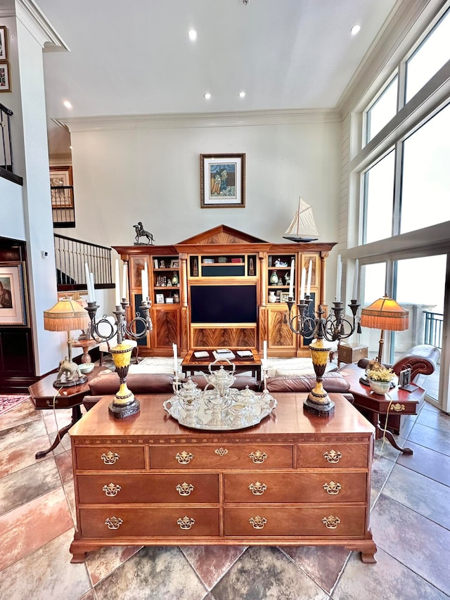 living room with ornamental molding