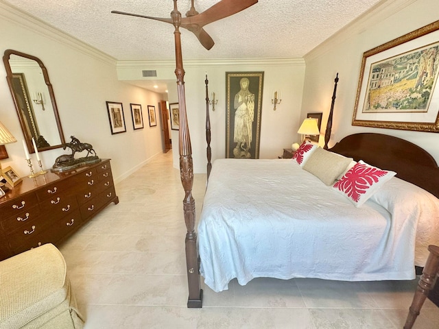 tiled bedroom featuring crown molding, a textured ceiling, and ceiling fan