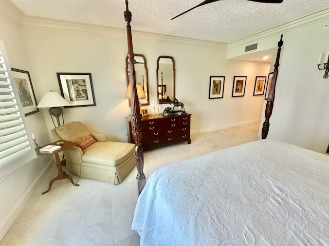 bedroom with ceiling fan, crown molding, a textured ceiling, and light tile patterned floors