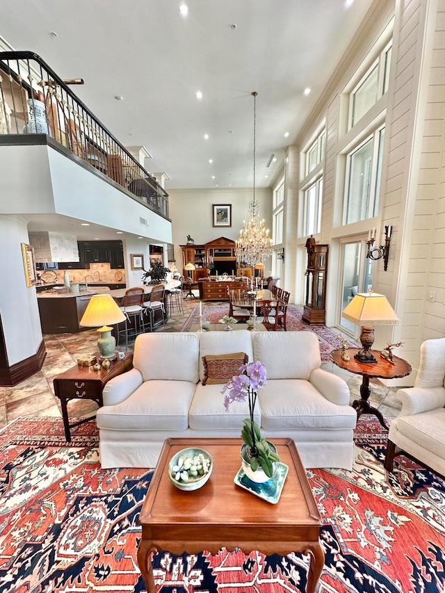 living room featuring an inviting chandelier