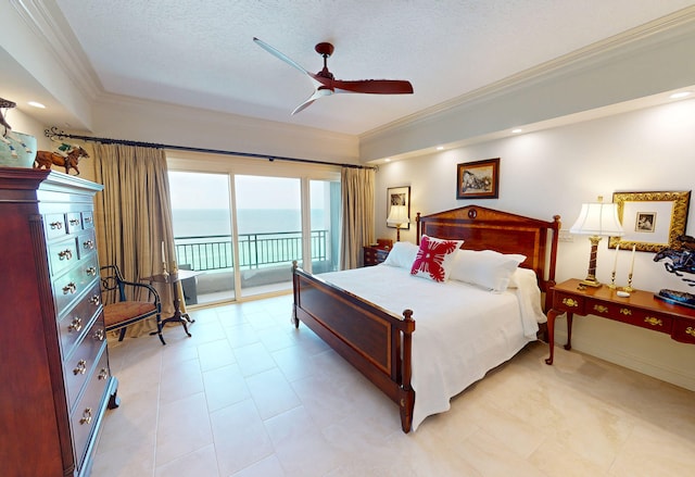 bedroom with ceiling fan, a textured ceiling, access to exterior, crown molding, and a water view