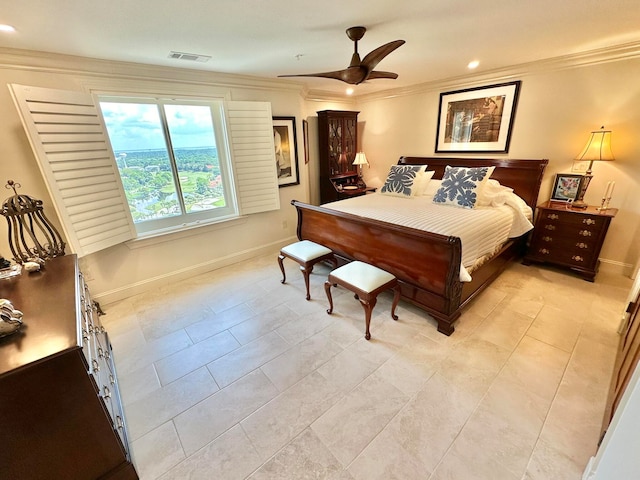 bedroom featuring ornamental molding and ceiling fan