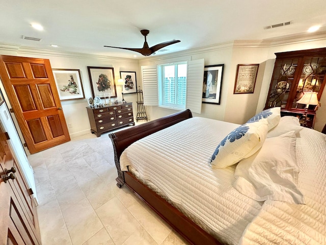 tiled bedroom with crown molding and ceiling fan