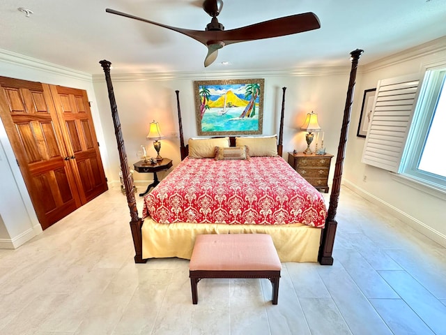 bedroom featuring ceiling fan and ornamental molding