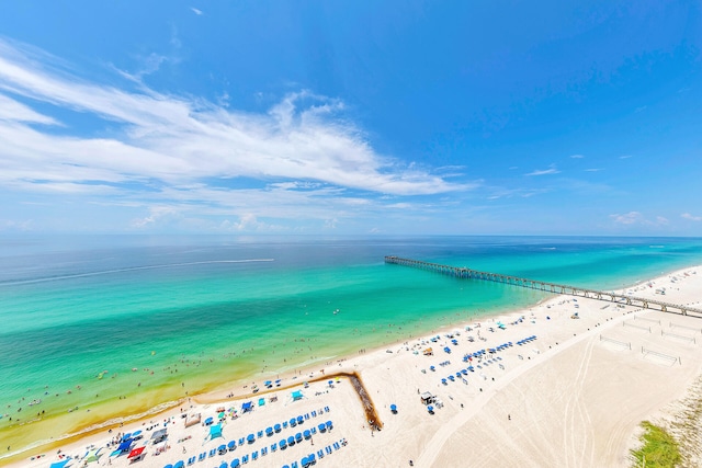 aerial view with a water view and a beach view