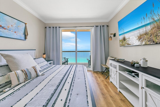 bedroom with ornamental molding and light hardwood / wood-style floors