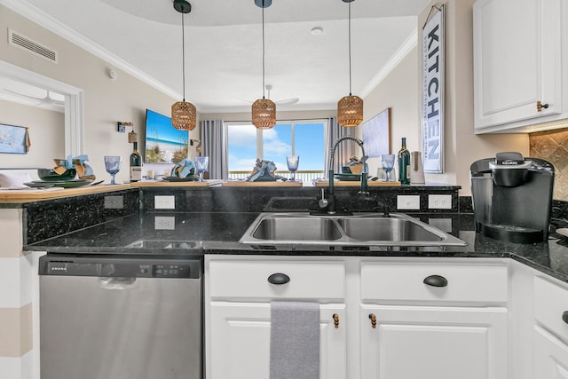 kitchen featuring sink, crown molding, dishwasher, pendant lighting, and white cabinets