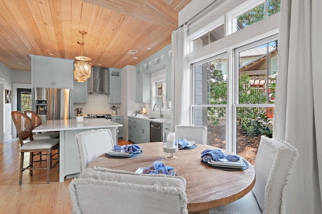 dining room featuring light wood-type flooring, wood ceiling, and a notable chandelier