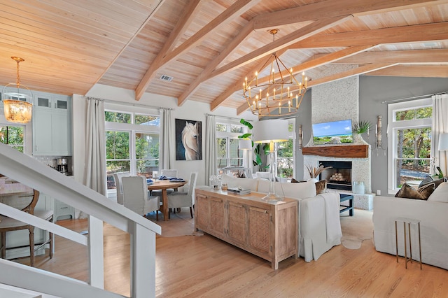 living area with light wood-type flooring, wooden ceiling, a chandelier, and a stone fireplace