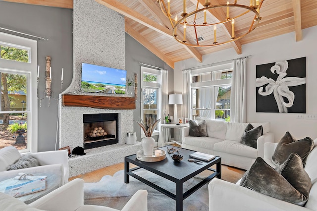 living room with high vaulted ceiling, wooden ceiling, a fireplace, a wealth of natural light, and beamed ceiling