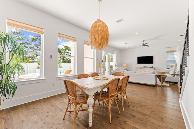 dining area with ceiling fan and hardwood / wood-style flooring