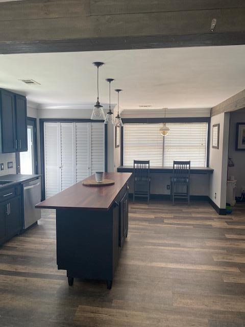 kitchen featuring dark hardwood / wood-style floors, a center island, sink, stainless steel dishwasher, and decorative light fixtures