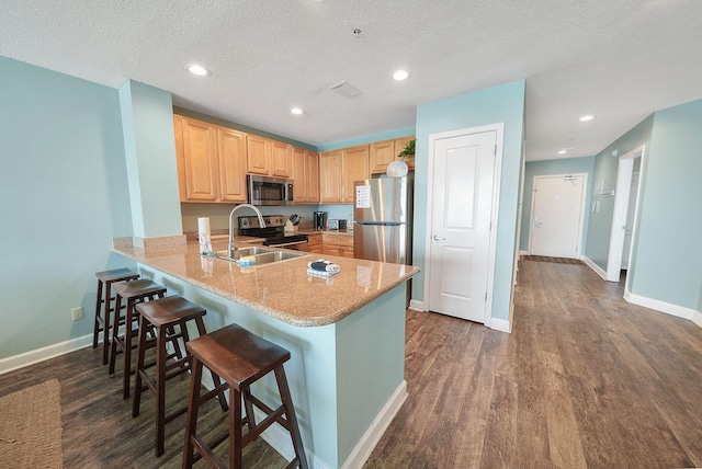 kitchen with light brown cabinetry, a peninsula, baseboards, appliances with stainless steel finishes, and dark wood finished floors