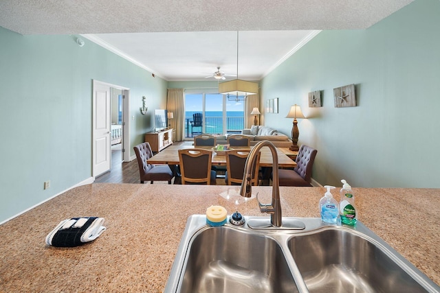 kitchen with ornamental molding, a ceiling fan, a sink, and open floor plan