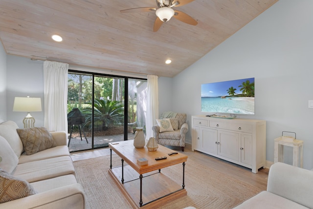 living room with lofted ceiling, wooden ceiling, ceiling fan, and light wood-type flooring