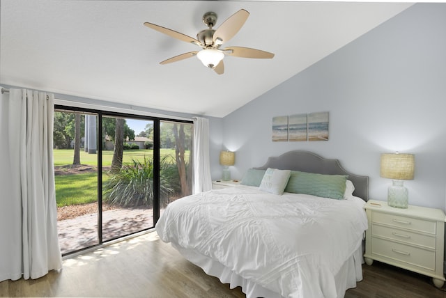 bedroom with lofted ceiling, access to outside, dark hardwood / wood-style floors, and ceiling fan