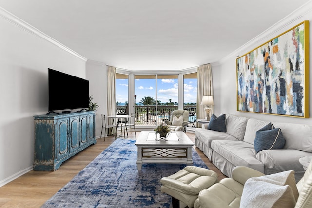 living room with floor to ceiling windows, light hardwood / wood-style floors, and crown molding