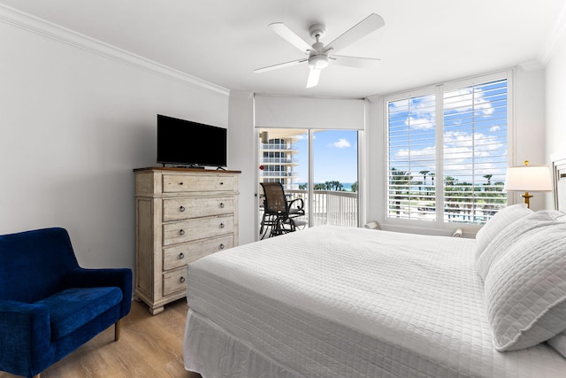 bedroom with light hardwood / wood-style flooring, ceiling fan, access to exterior, and ornamental molding