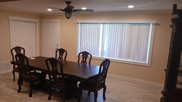 dining area featuring crown molding, recessed lighting, baseboards, and visible vents