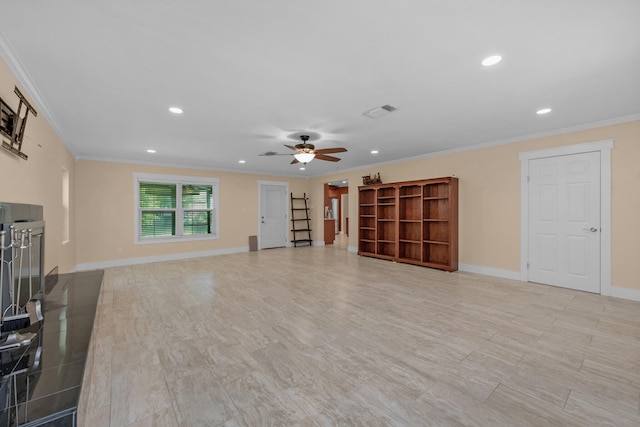 111 NW Sotir St, Fort Walton Beach, FL 32548 - unfurnished living room with recessed lighting, visible vents, ornamental molding, and ceiling fan
