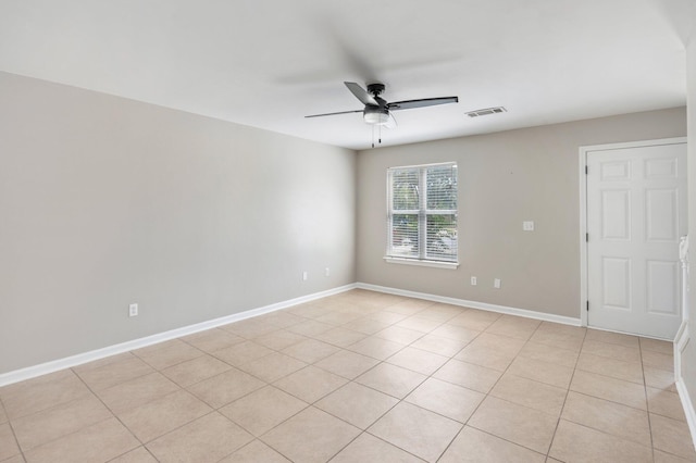 spare room featuring baseboards, visible vents, and a ceiling fan