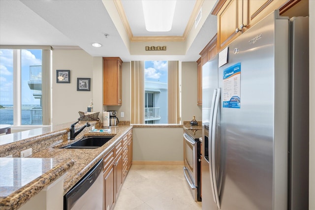 kitchen featuring light stone counters, a sink, ornamental molding, appliances with stainless steel finishes, and a raised ceiling