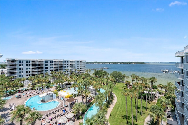 bird's eye view with a water view