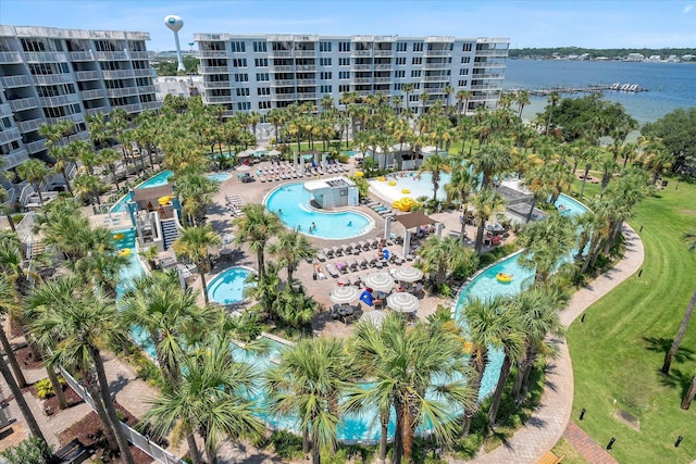 bird's eye view with a water view