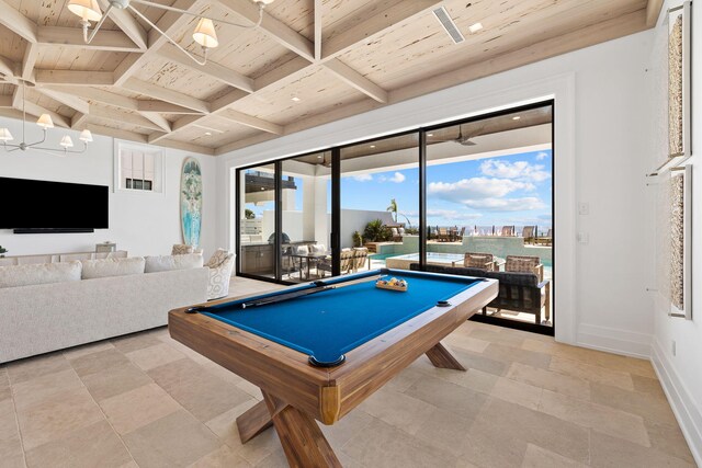 game room with beam ceiling, pool table, wood ceiling, and light tile patterned flooring