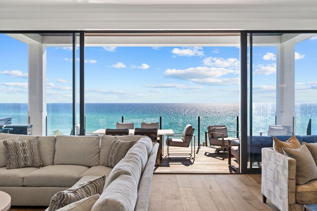 living room featuring a water view and light hardwood / wood-style floors