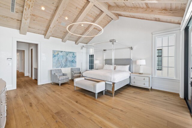 bedroom featuring wood ceiling, high vaulted ceiling, light hardwood / wood-style flooring, and beam ceiling