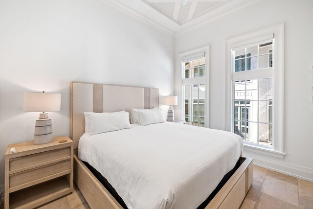 tiled bedroom with ornamental molding